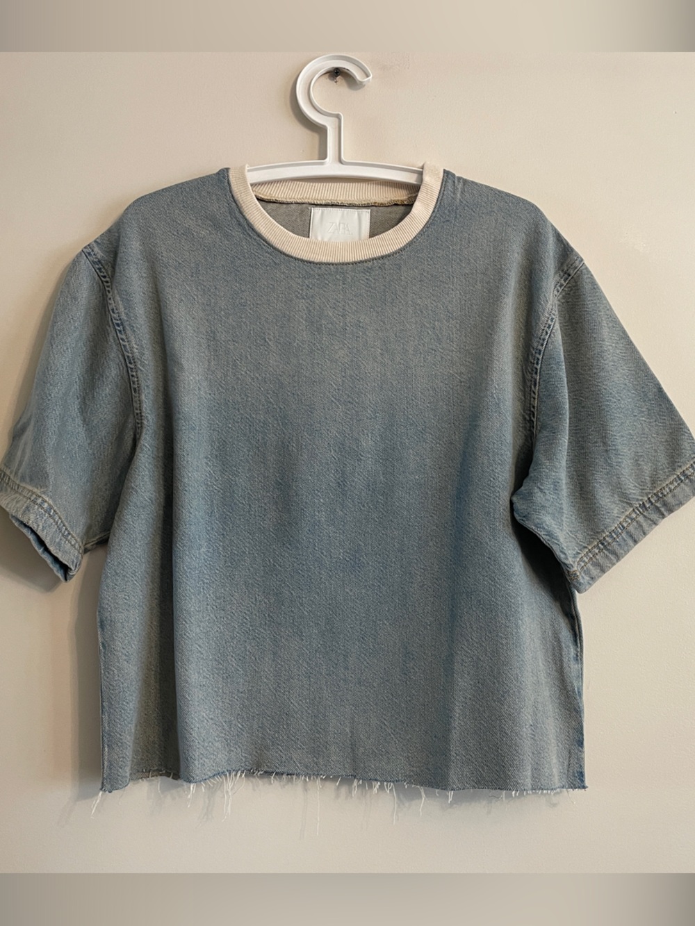 Zara Denim Short Sleeve Top Size S NWT Raw Hem Cotton Lyocell
